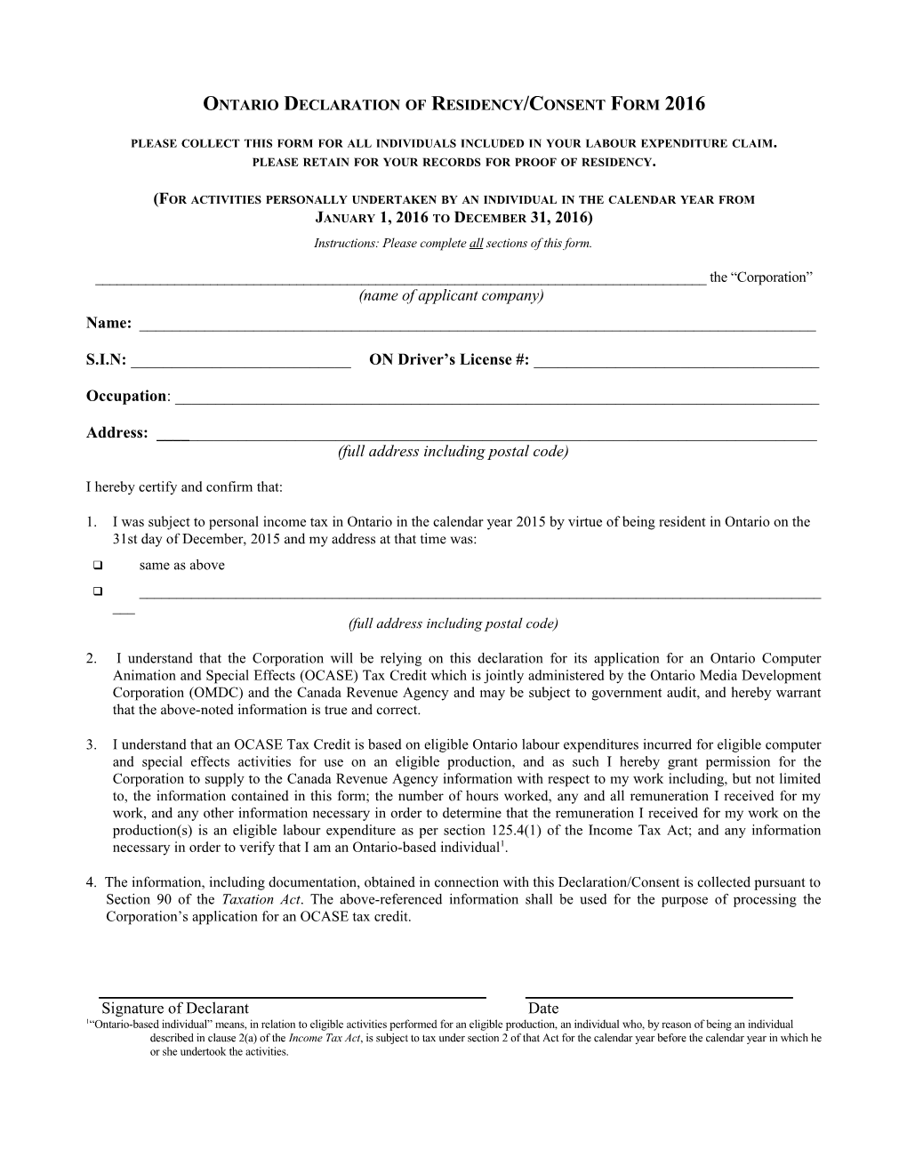 Ontario Declaration of Residency/Consent Form
