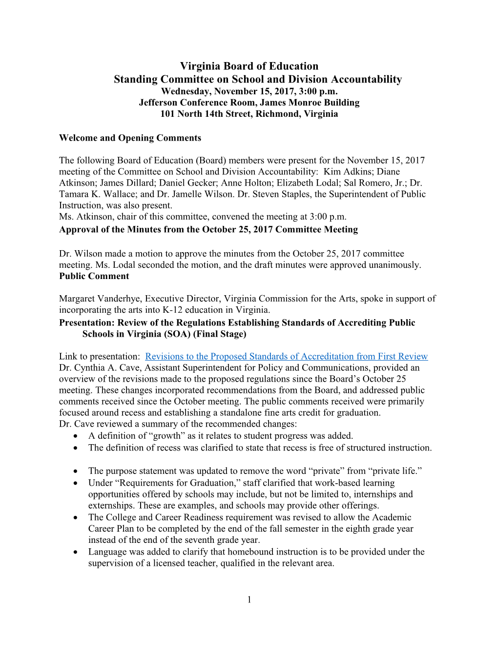 Virginia Board of Educationstanding Committee on School and Division Accountability
