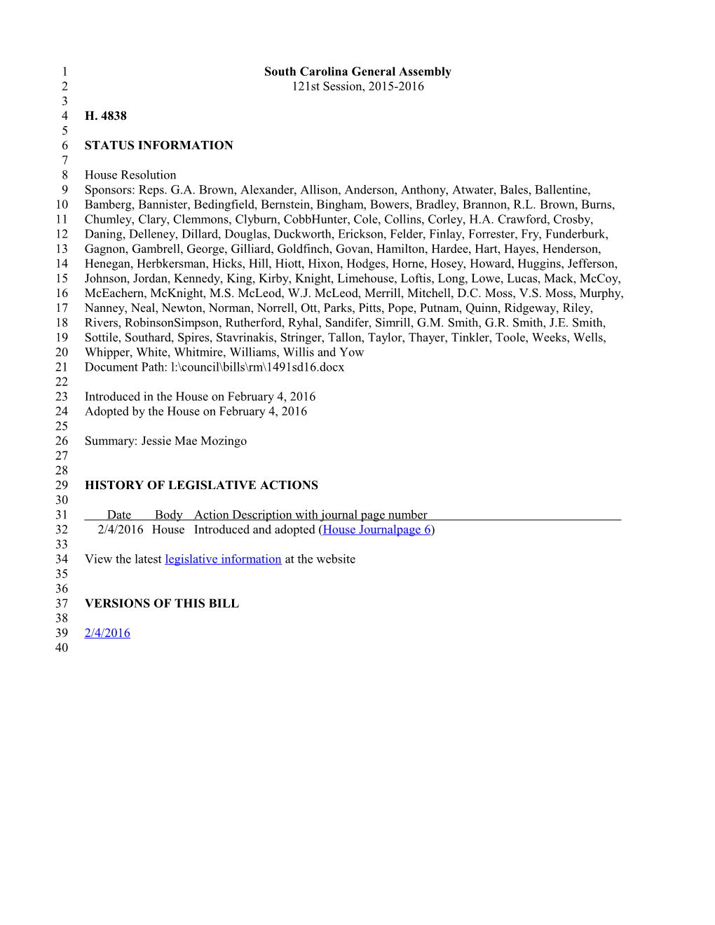 2015-2016 Bill 4838: Jessie Mae Mozingo - South Carolina Legislature Online