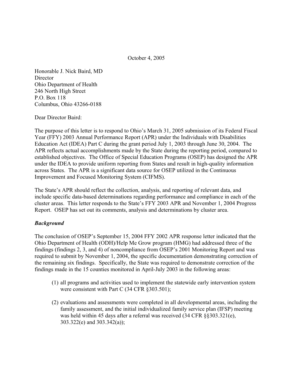 Ohio Part C APR Letter for Grant Year 2003-2004 (Msword)