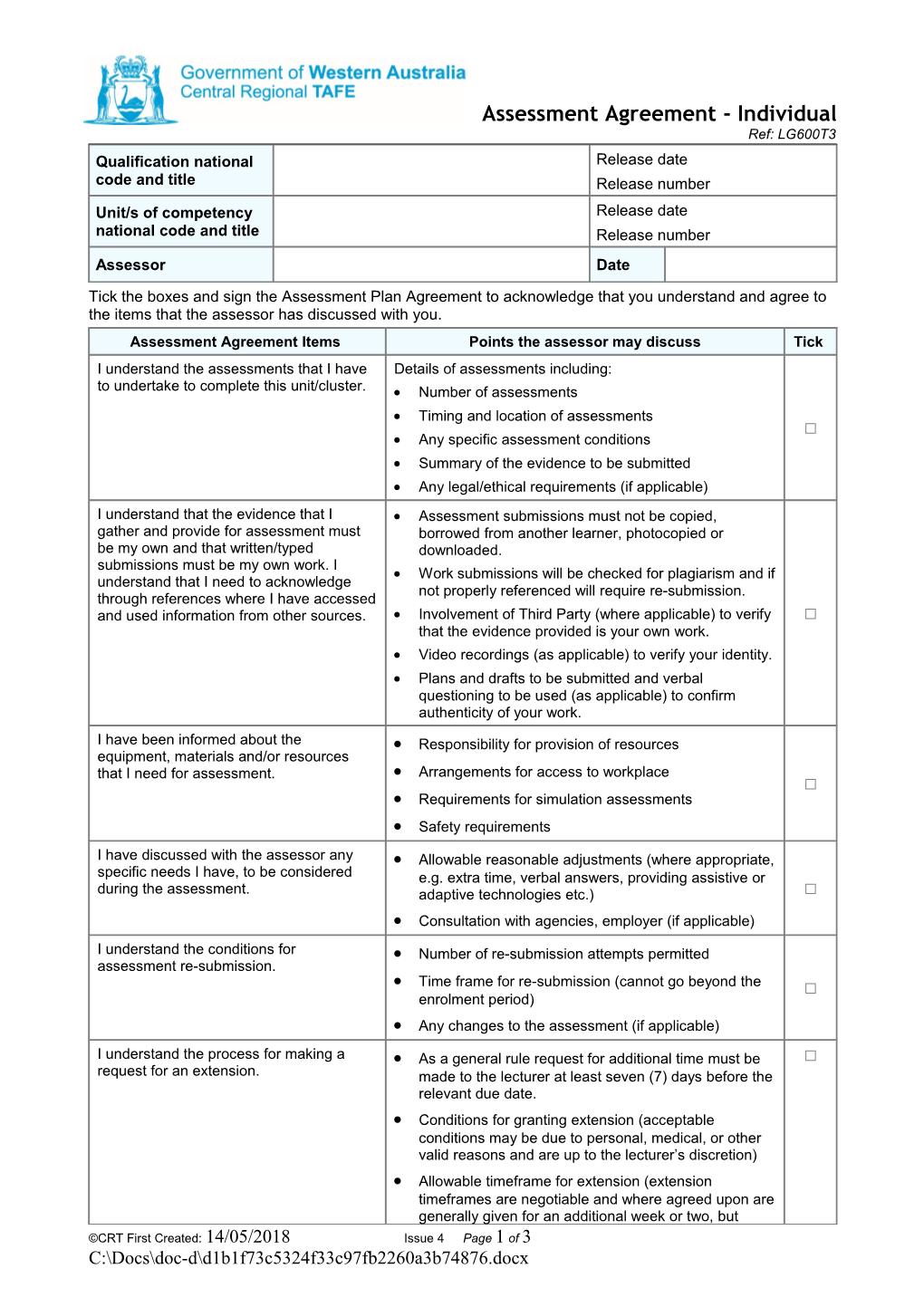 Assessment Agreement Individual