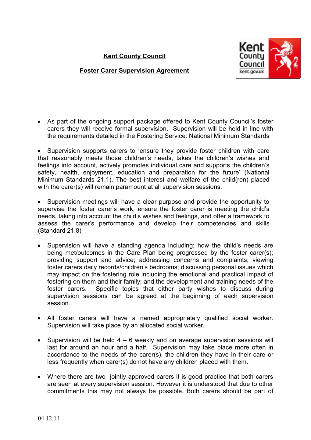 Foster Carer Supervision Agreement