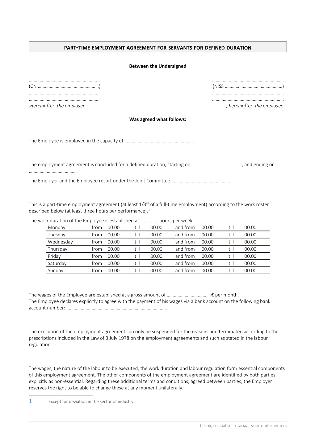 Part-Time Employment Agreement for Servants for Defined Duration