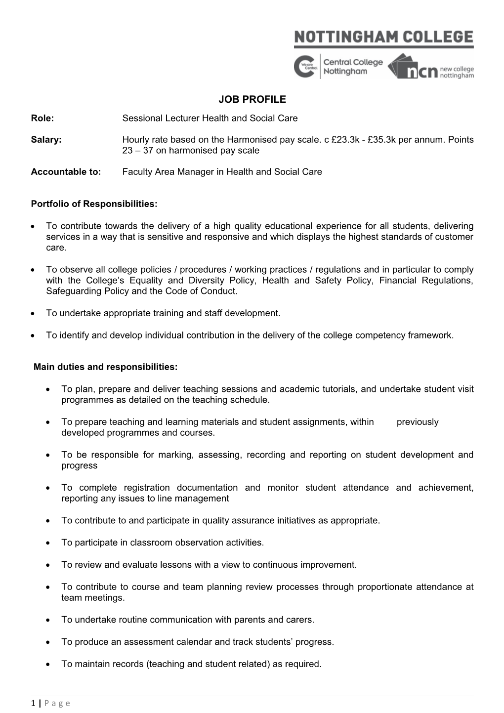 Role: Sessional Lecturer Health and Social Care