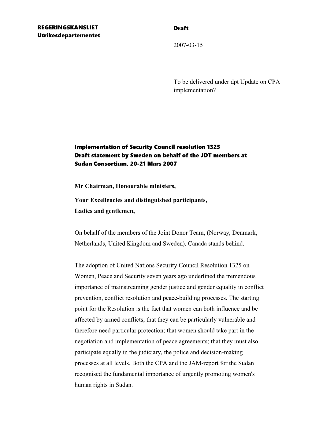 Implementation of Security Council Resolution 1325