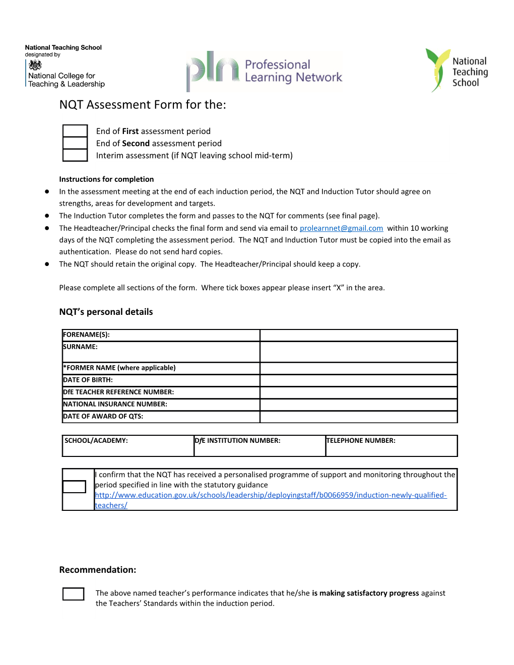 NQT Assessment Form for The