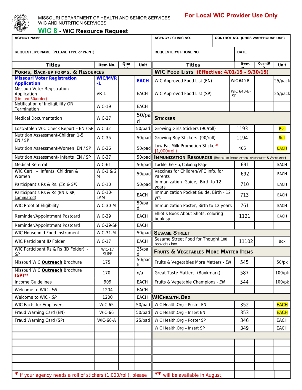 WIC 8 - Wicresource Request