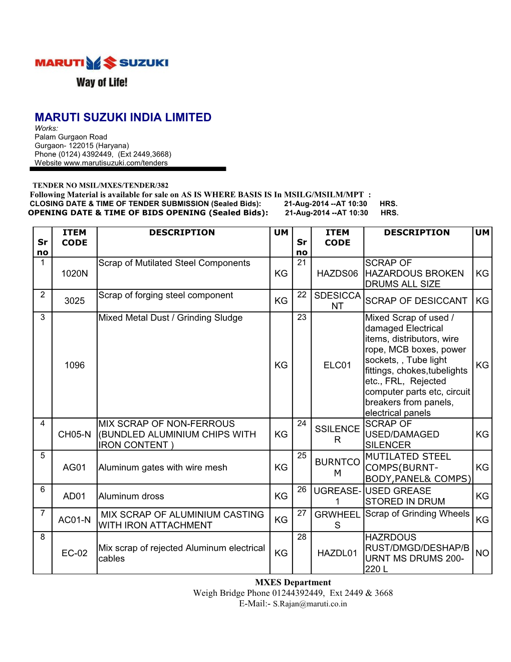 Tender No Msil/Mxes/Tender/382