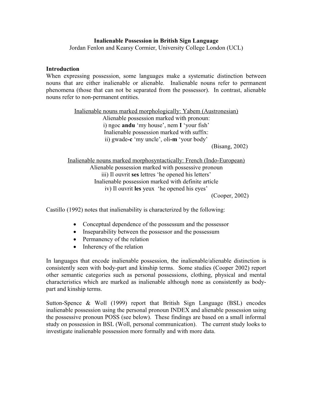 Inalienable Possession in British Sign Language