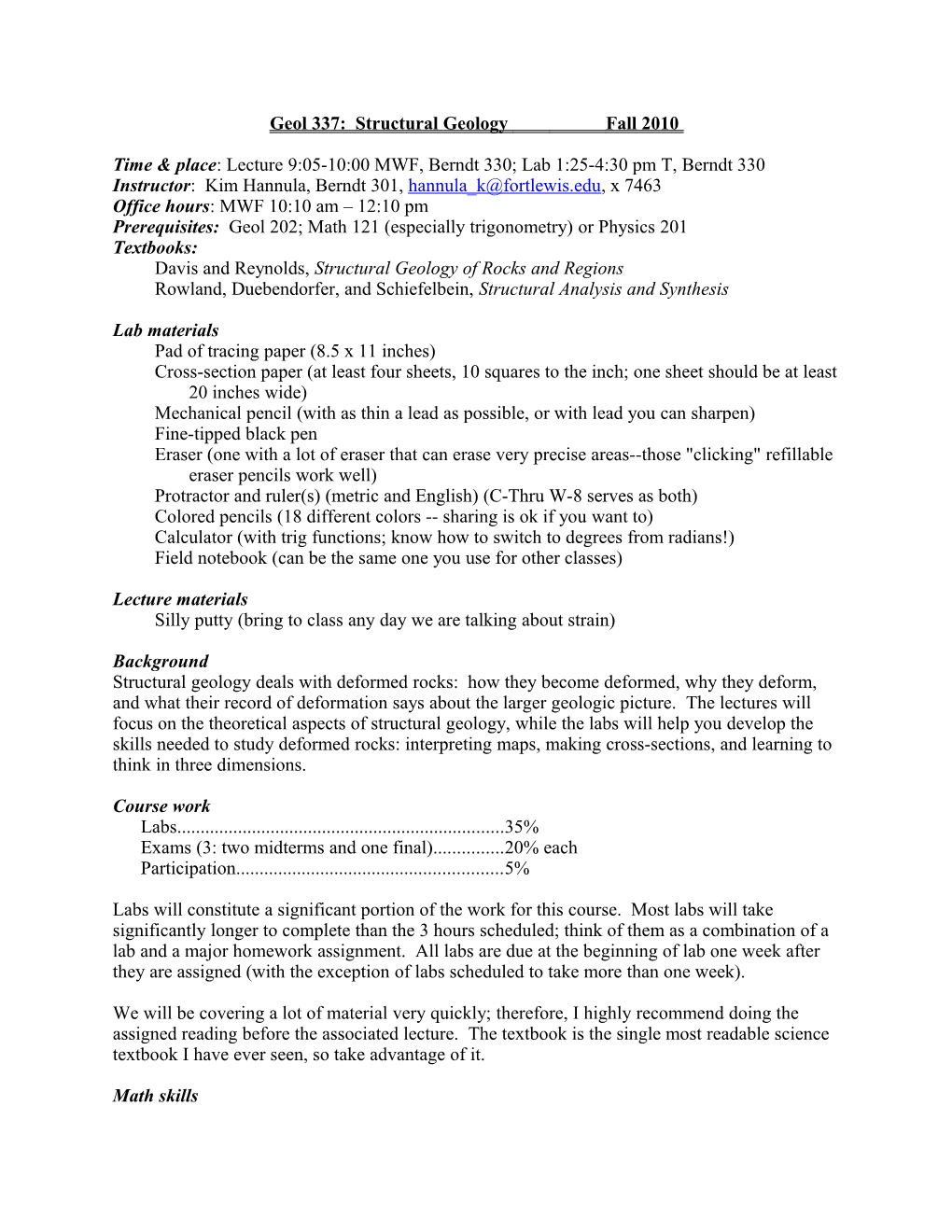 Geol 337: Structural Geology Fall 2010