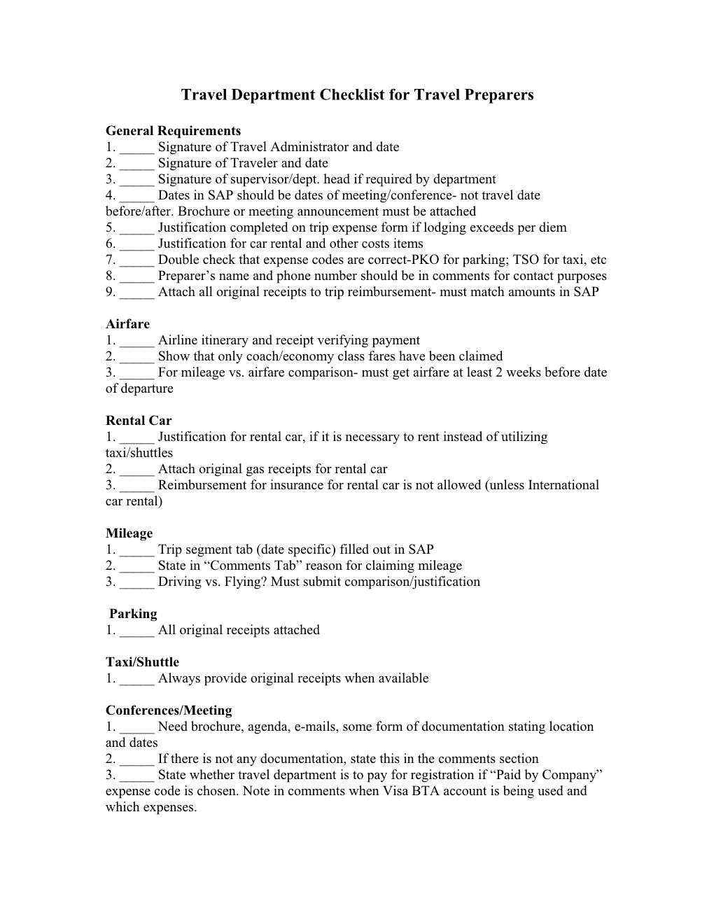 Travel Department Checklist for Travel Preparers