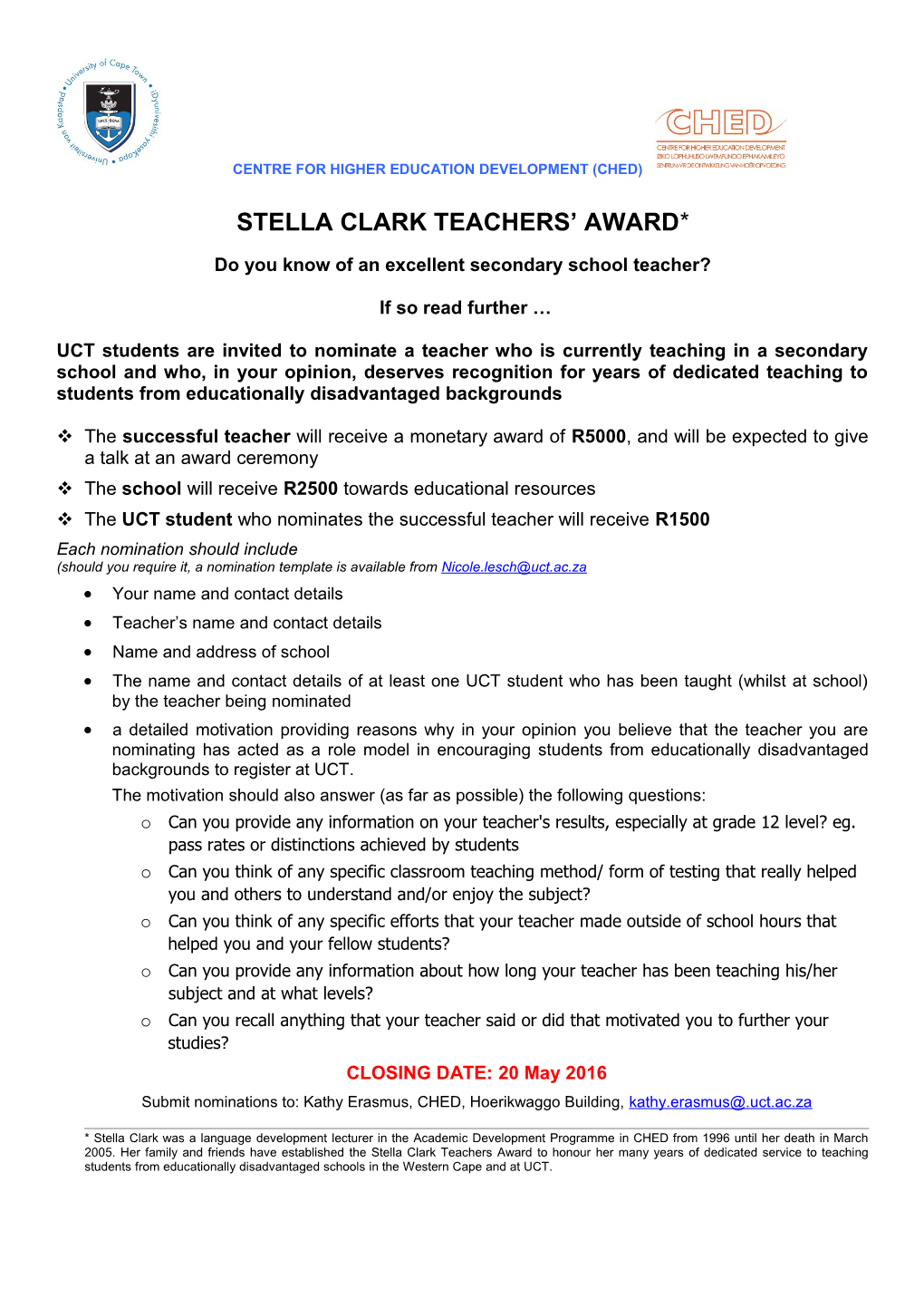 Do You Know of an Excellent Secondary School Teacher?