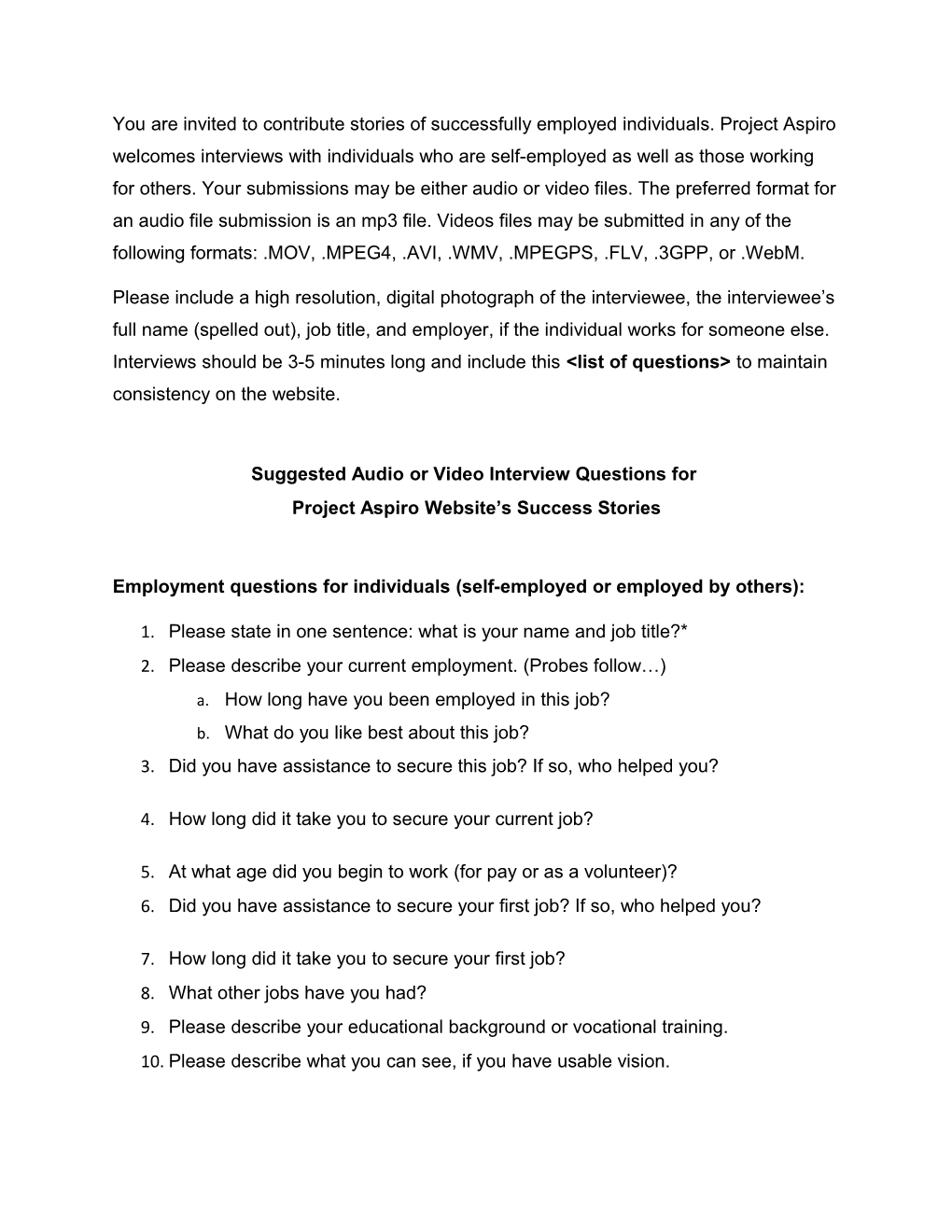 Suggested Audio Or Video Interview Questions For