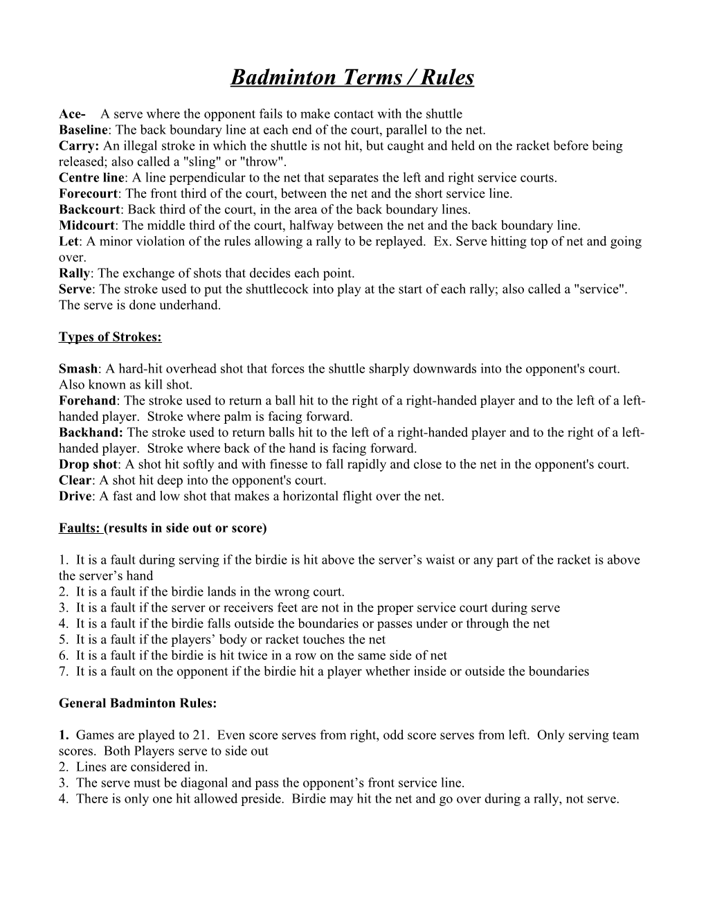 Badminton Terms / Rules