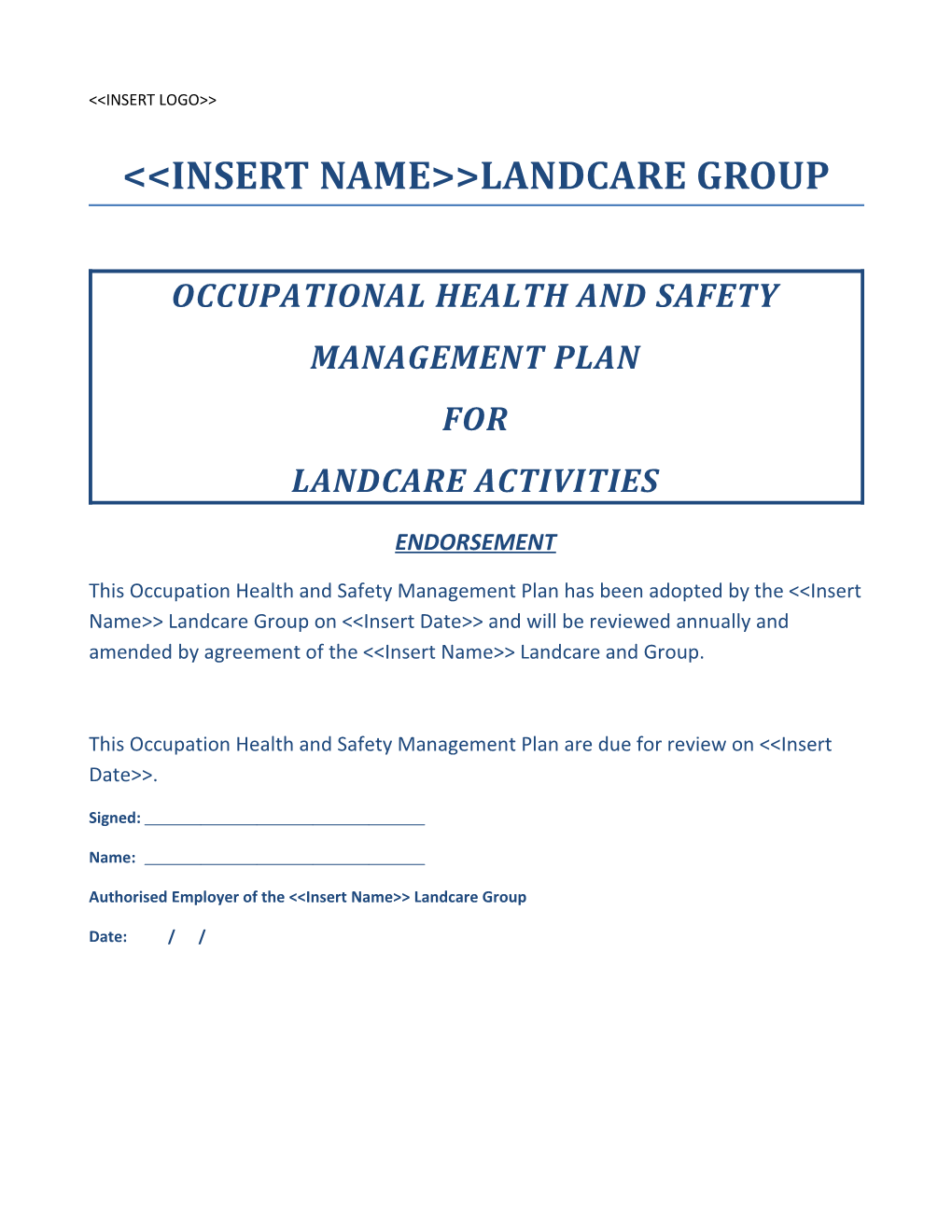 OHS Management Plan for GB Landcare and Community Groups