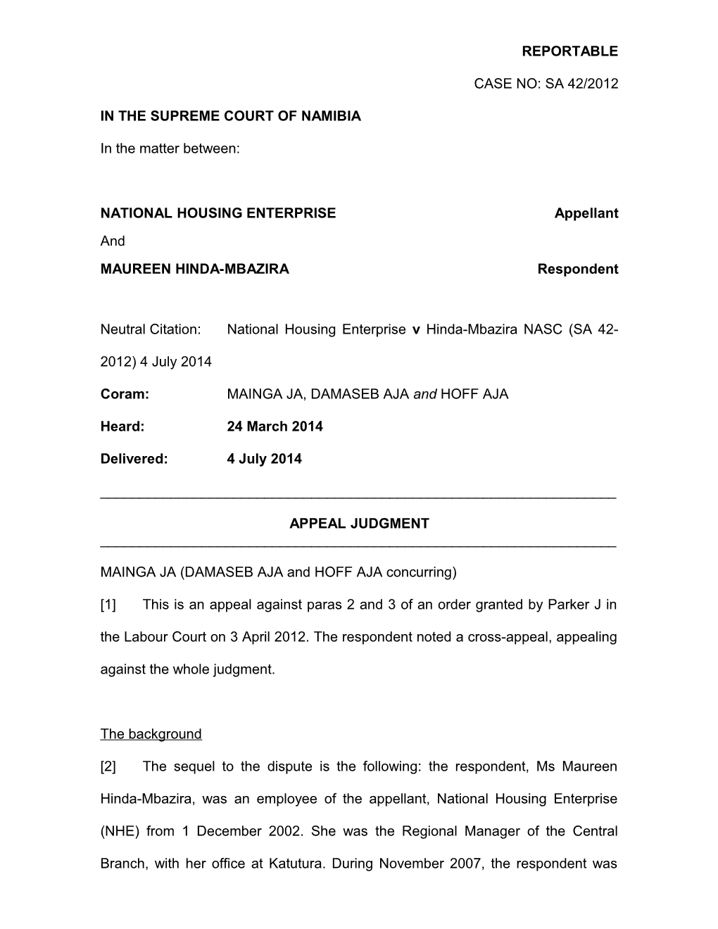 National Housing Enterprise V Hinda-Mbazira NASC (SA 42-2012) 4 July 2014