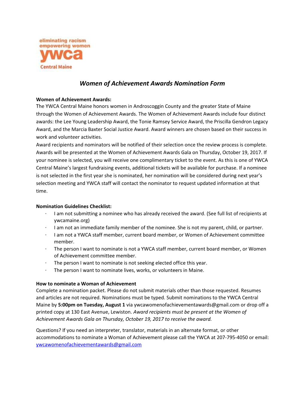Women of Achievement Awards Nomination Form