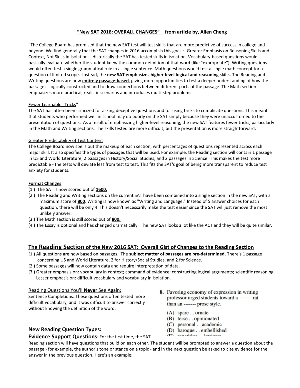 New SAT 2016: OVERALL CHANGES from Article By, Allen Cheng