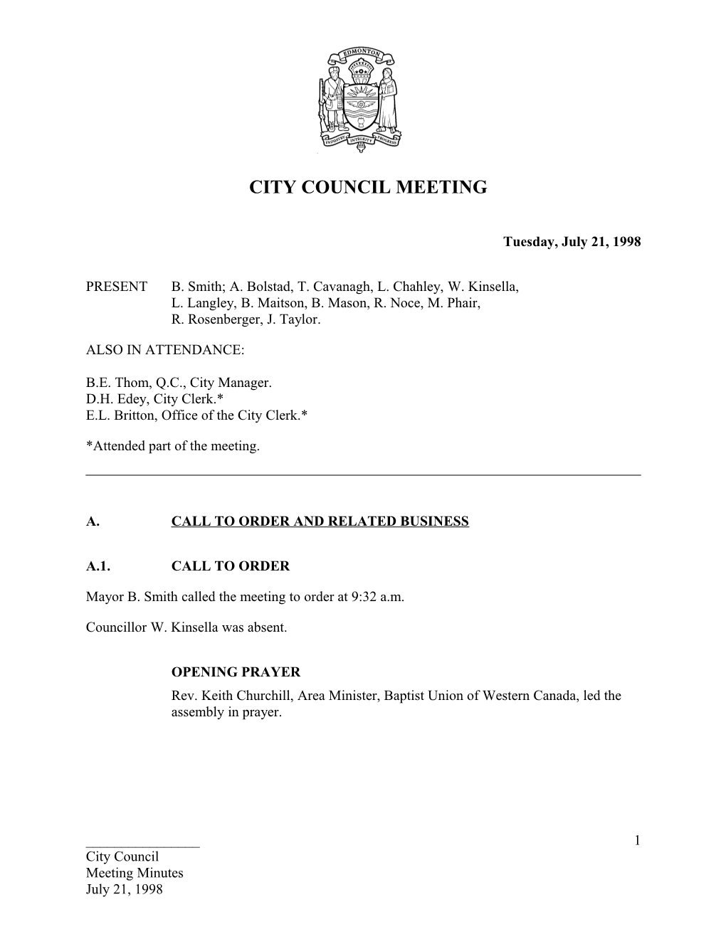 Minutes for City Council July 21, 1998 Meeting