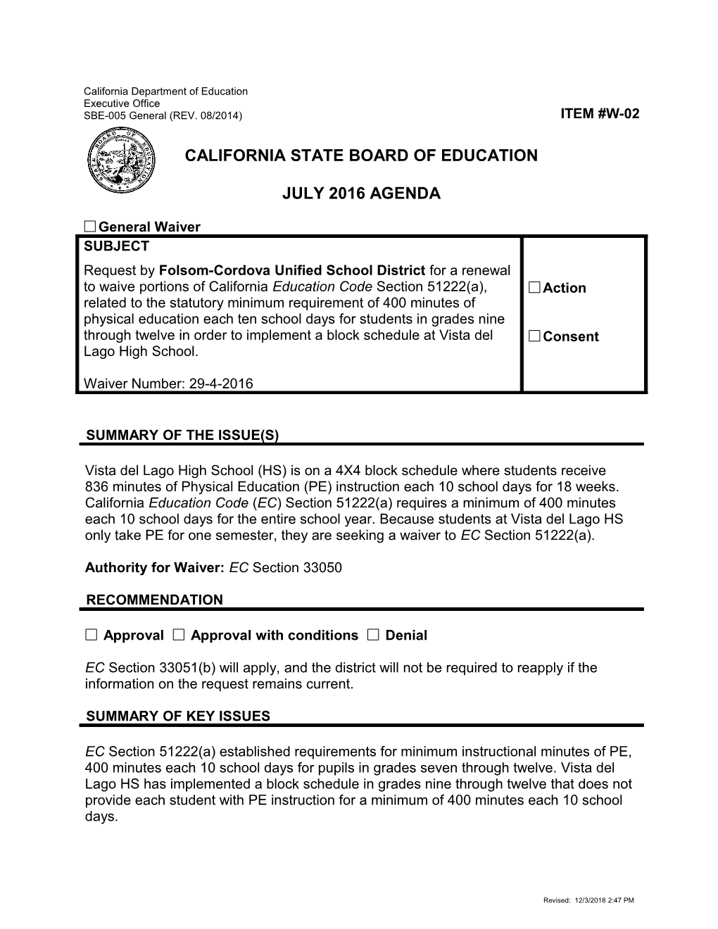 July 2016 Waiver Item W-02 - Meeting Agendas (CA State Board of Education)