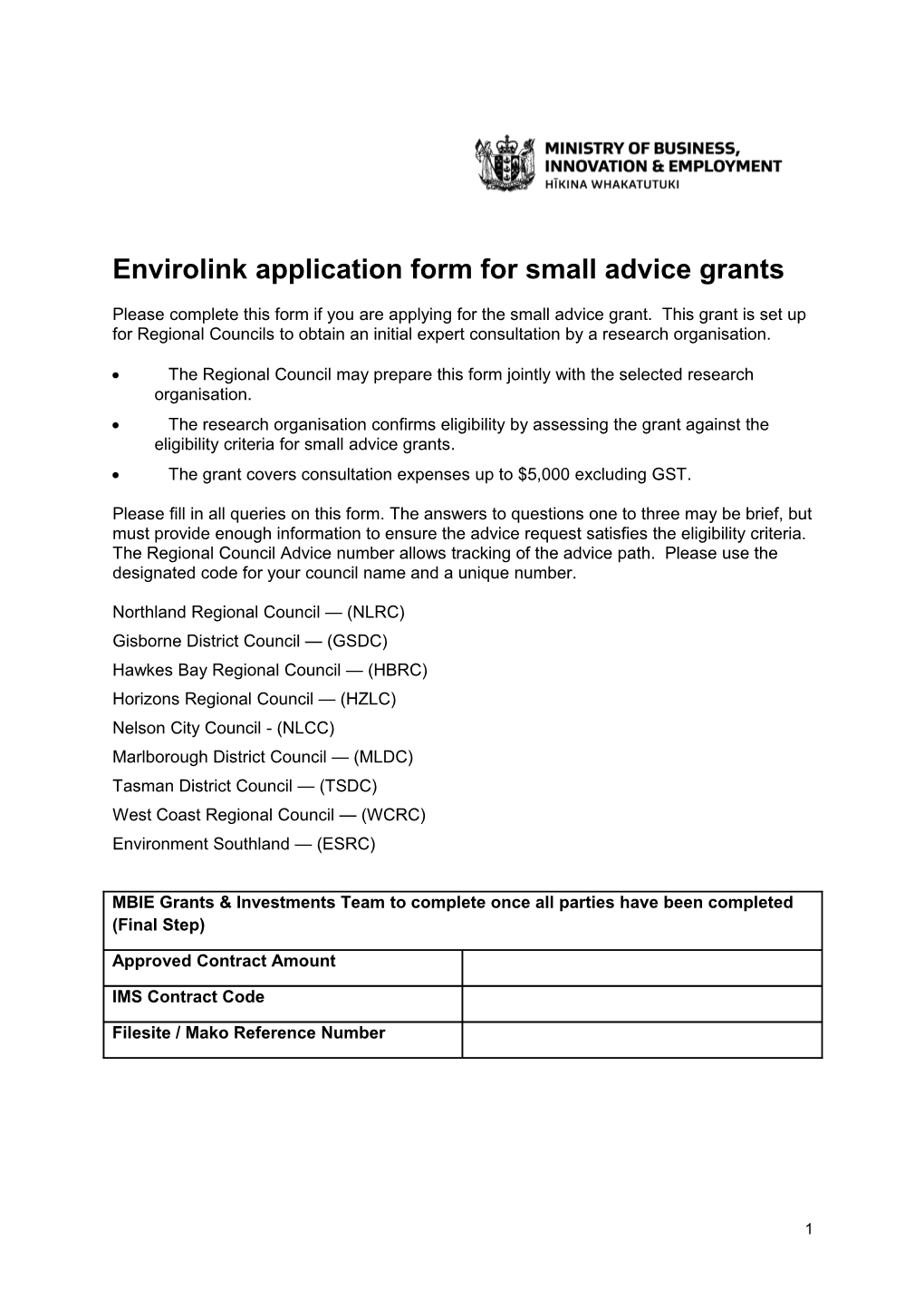 Envirolink Applicationform for Small Advice Grants
