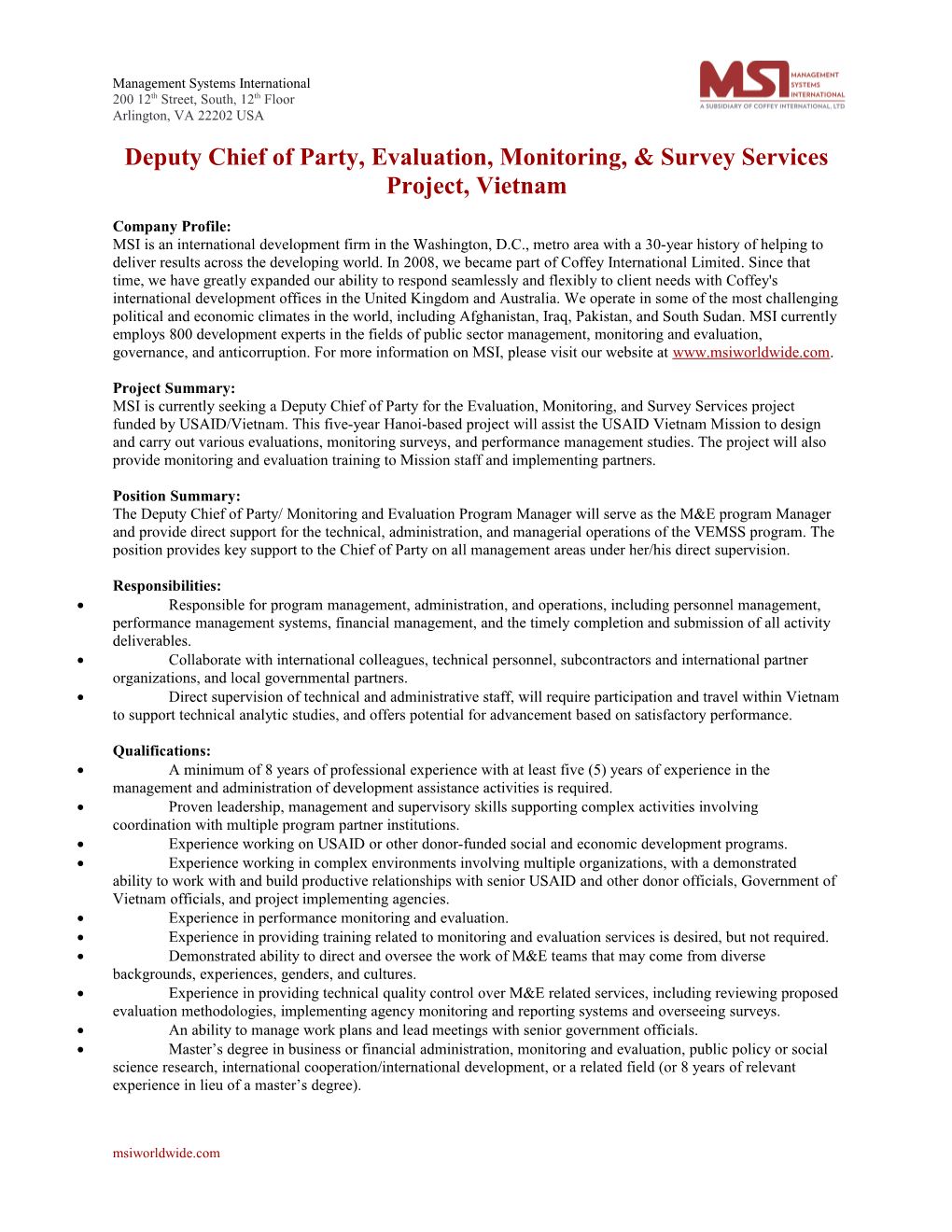 Deputy Chief of Party, Evaluation, Monitoring, & Survey Services Project, Vietnam