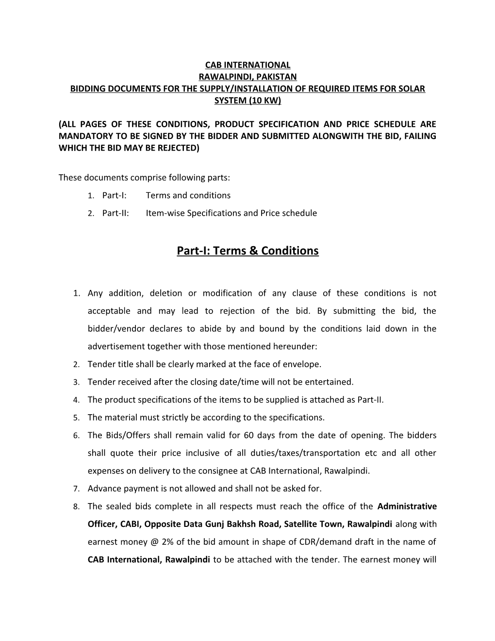 Bidding Documents for the Supply/Installation of Required Items for Solar System (10 Kw)