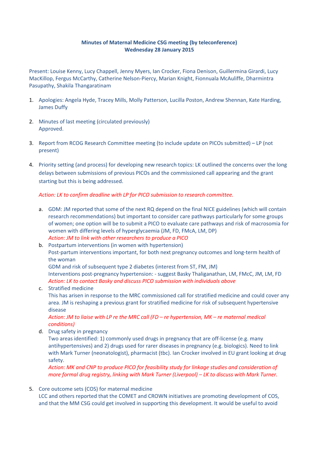 Minutes of Maternal Medicine CSG Meeting (By Teleconference)