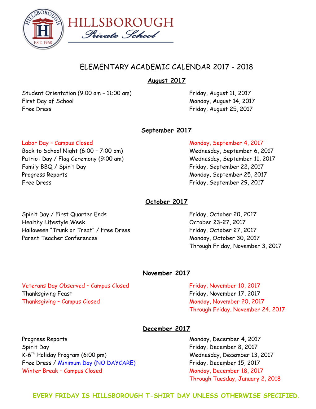 Elementaryacademic Calendar 2017 - 2018