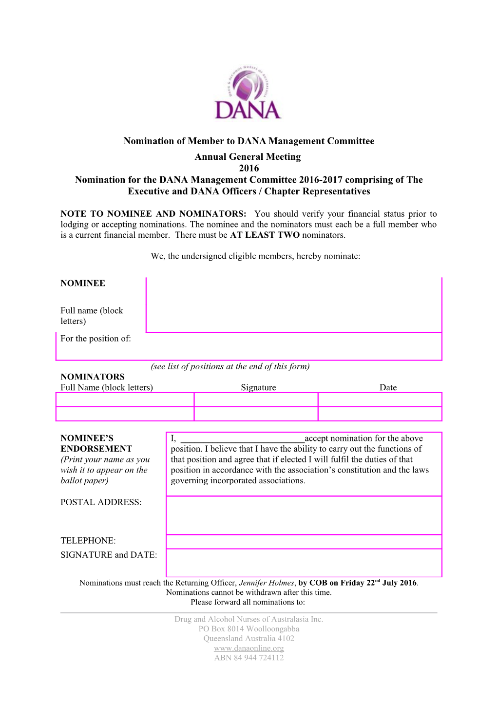 Nomination of Member to DANA Management Committee