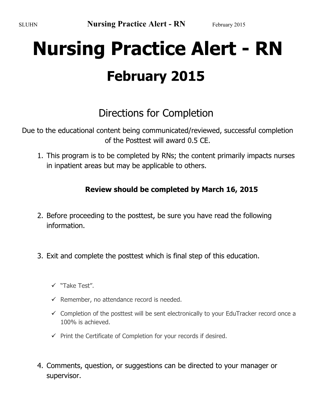 SLUHN Nursing Practice Alert- RN February 2015