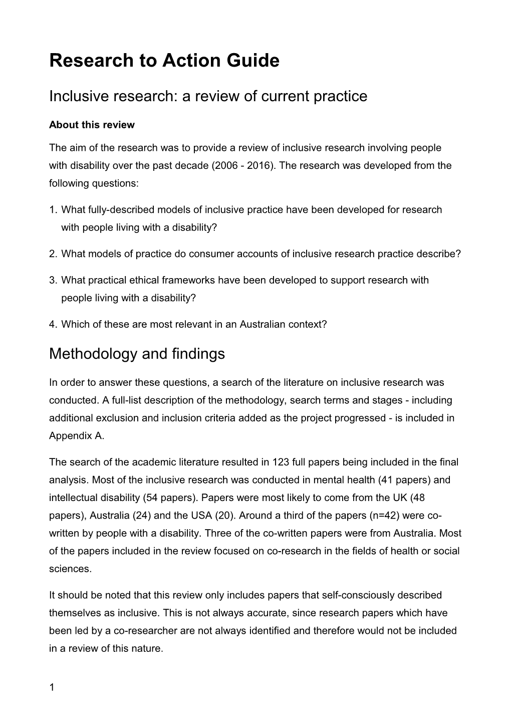 Inclusive Research: a Review of Current Practice