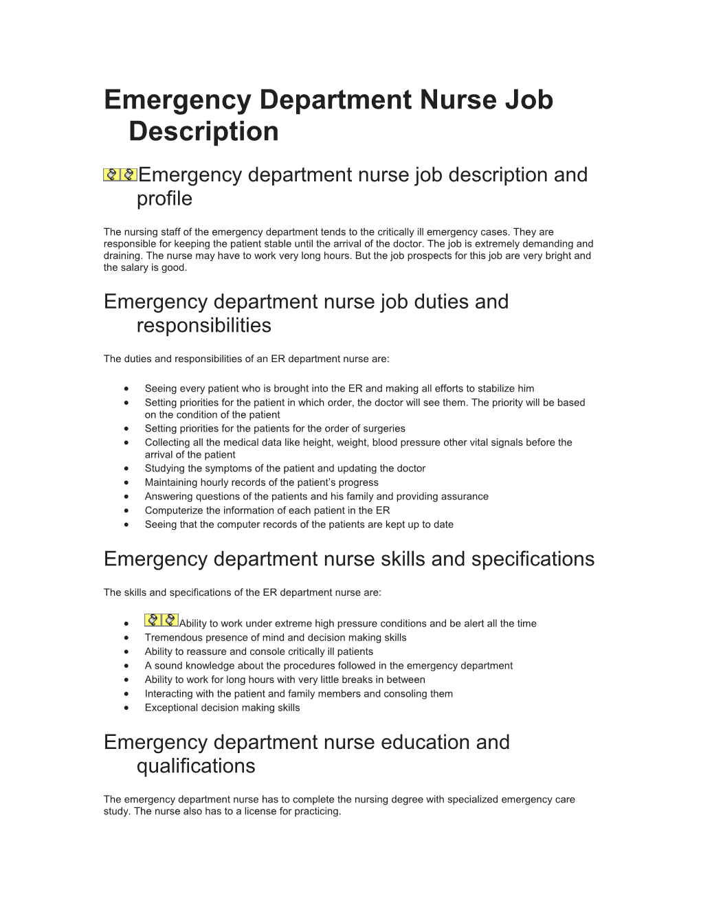 Emergency Department Nurse Job Description