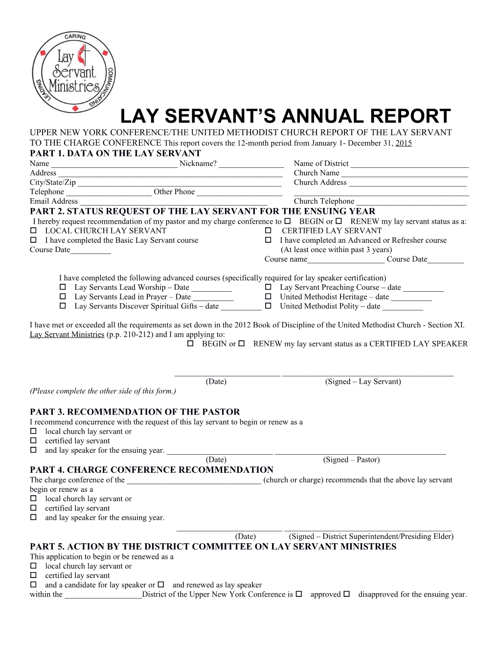 Upper New York Conference/The United Methodist Churchreport of the Lay Servant