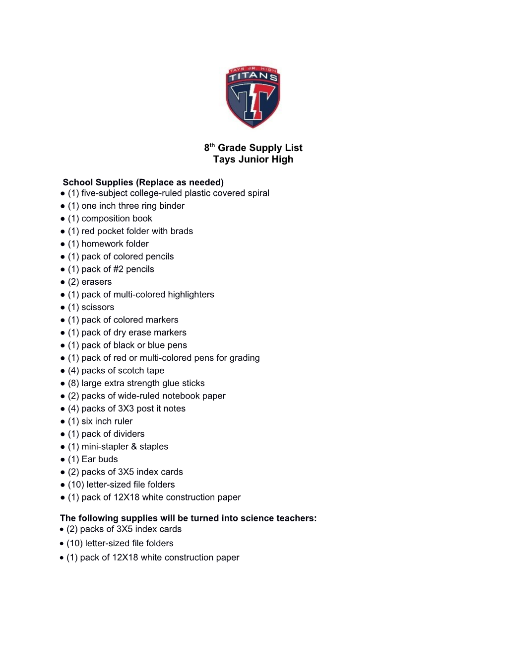 8Th Grade Supply List