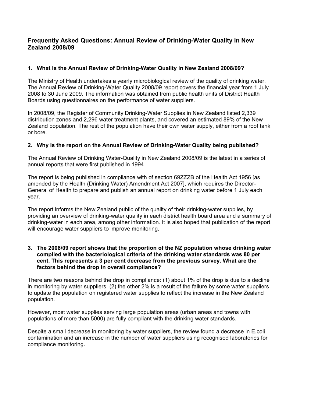 Frequently Asked Questions: Annual Review of Drinking-Water Quality in New Zealand 2008/09
