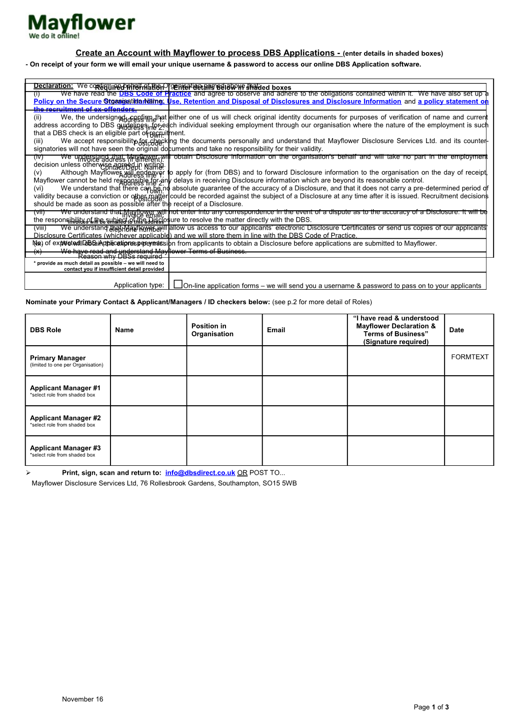 Create an Account with Mayflowerto Process DBS Applications - (Enter Details in Shaded Boxes)