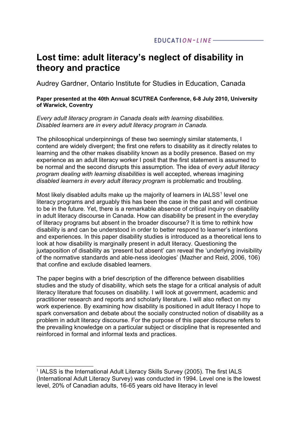 Lost Time:Adult Literacy S Neglect of Disability in Theory and Practice
