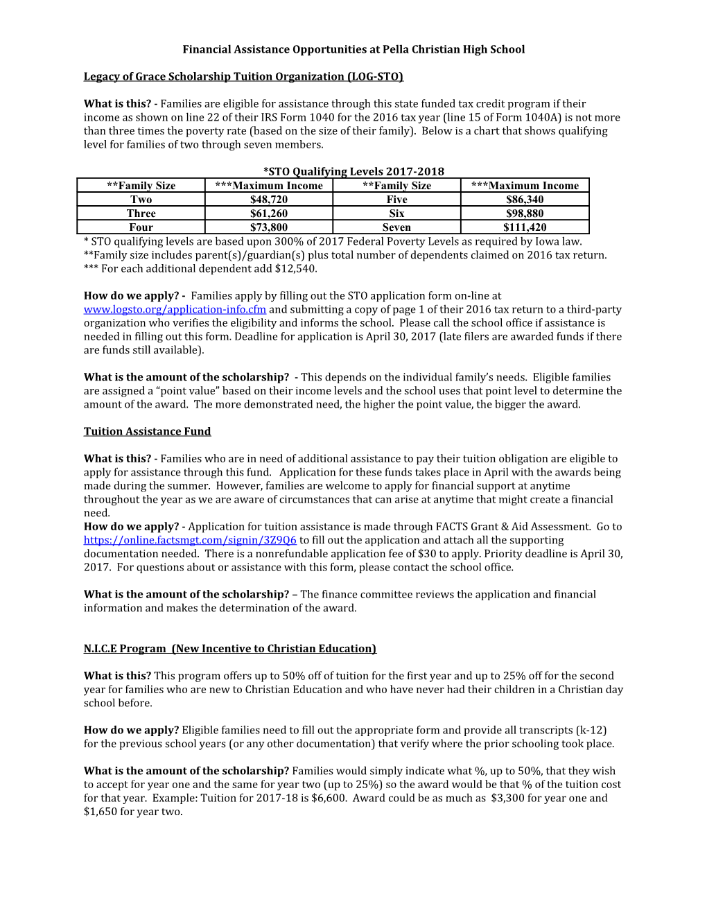 Financial Assistance Opportunities at Pella Christian High School