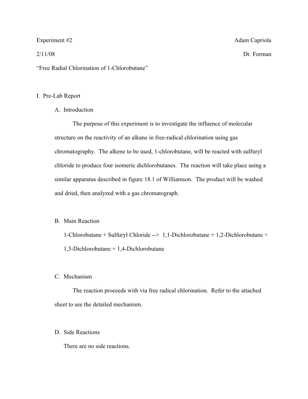 Free Radial Chlorination of 1-Chlorobutane
