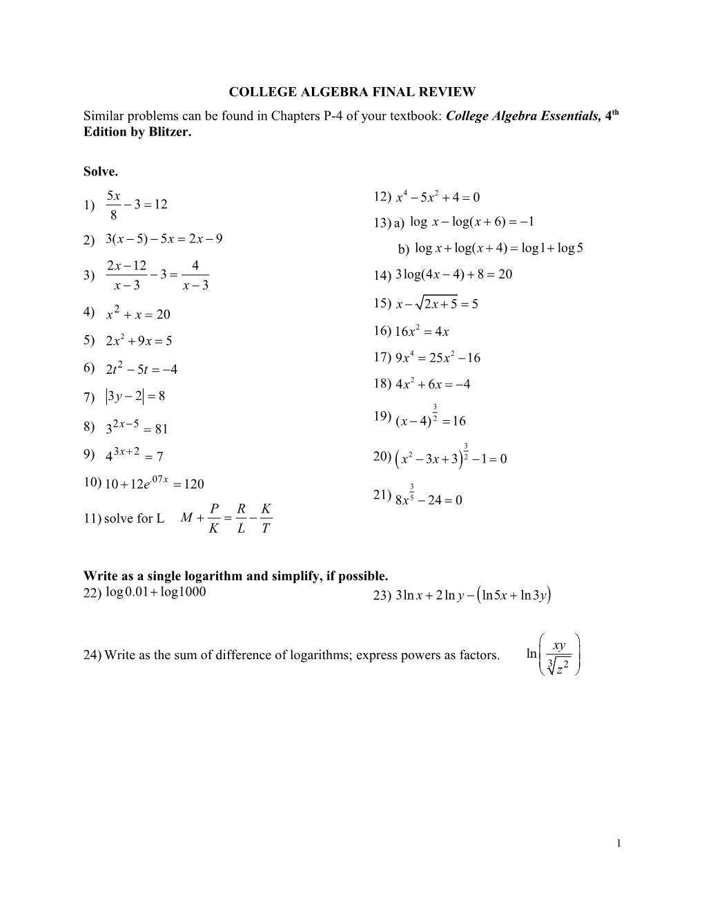 College Algebra Final Review