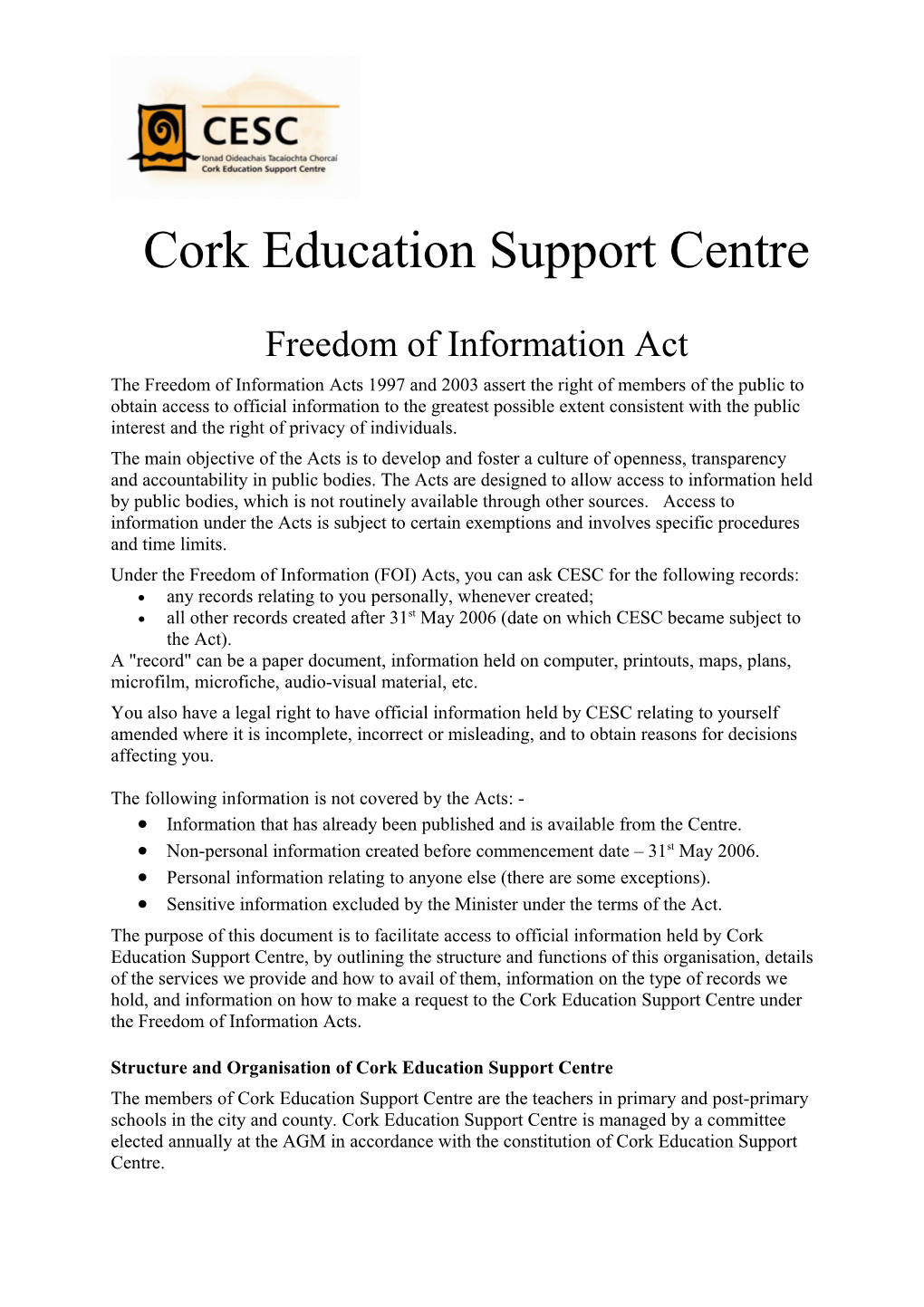 Freedom of Information Cork Education Support Centre