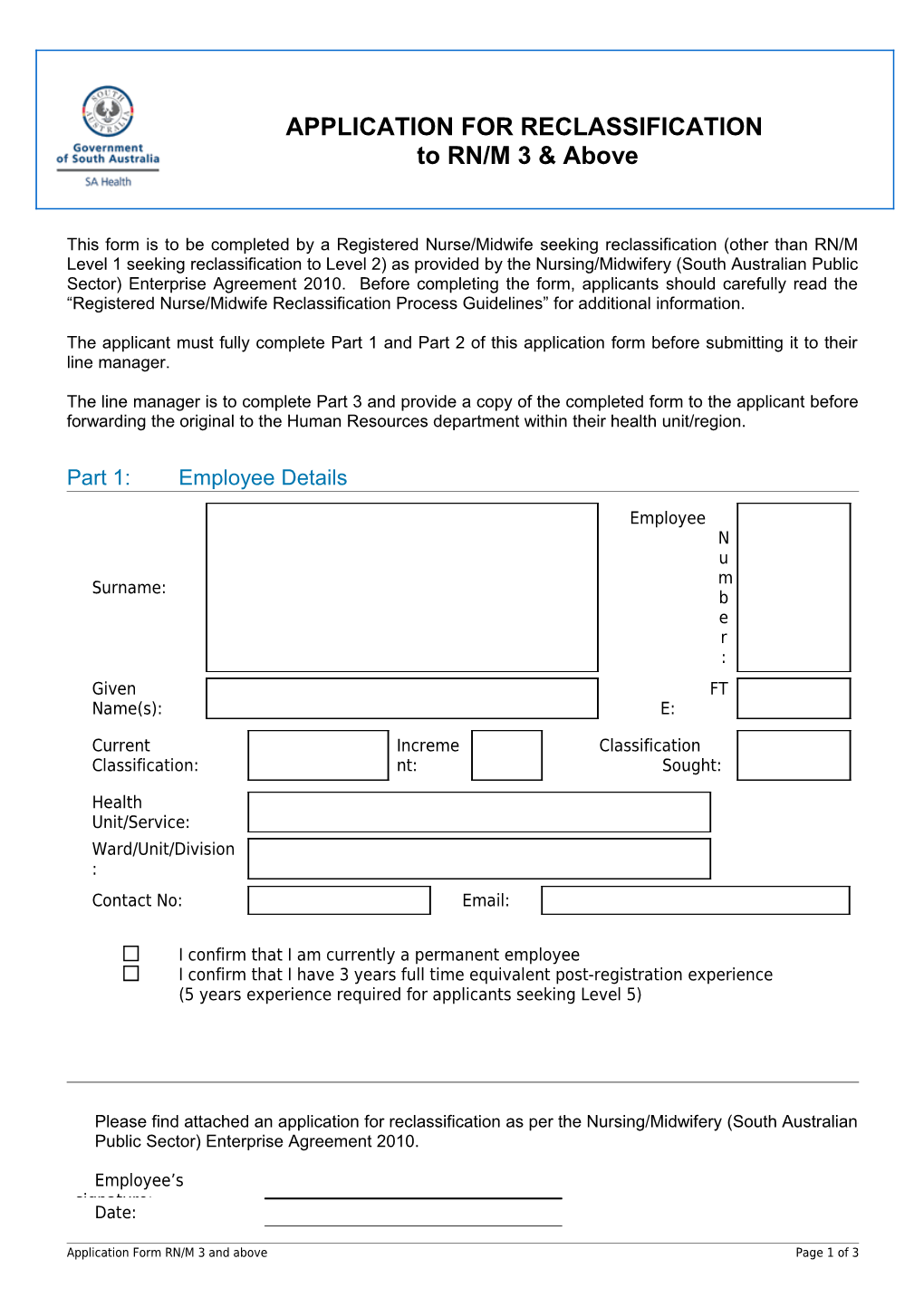 This Form Is to Be Completed by a Registered Nurse/Midwife Seeking Reclassification (Other