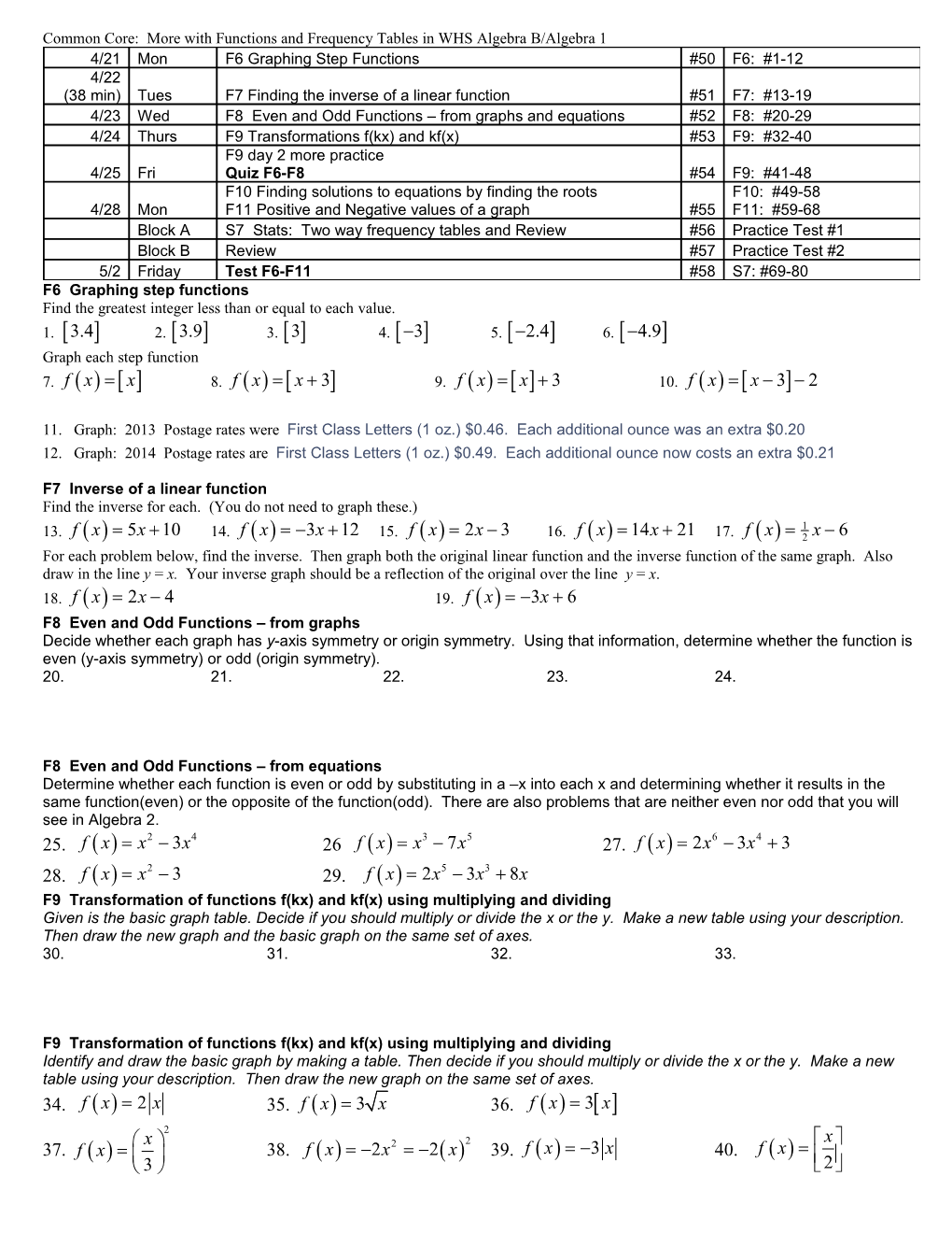 Common Core: More with Functionsand Frequency Tablesin WHS Algebra B/Algebra 1