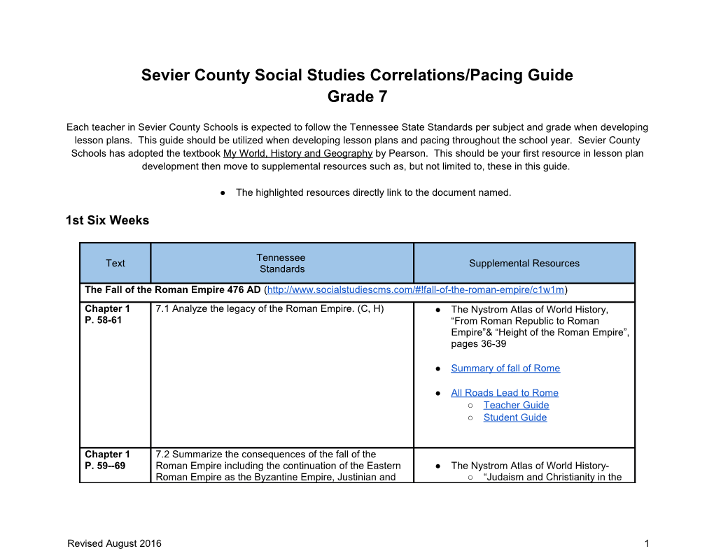 Sevier County Social Studies Correlations/Pacing Guide