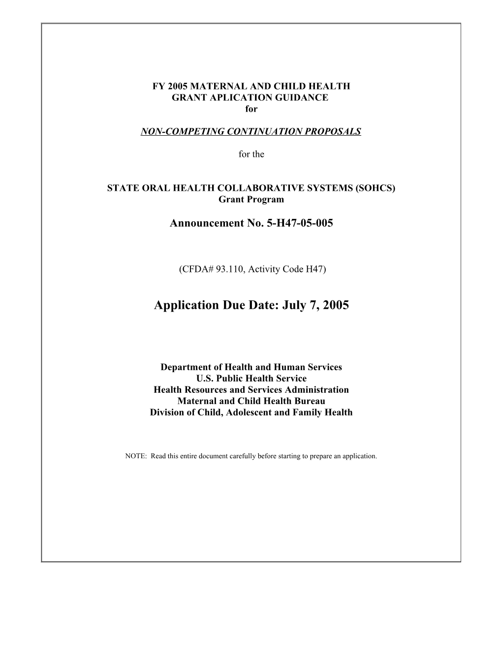 FY 2005 Continuation Guidance, State Oral Health Collaborative Systems (SOHCS) Program Page 1
