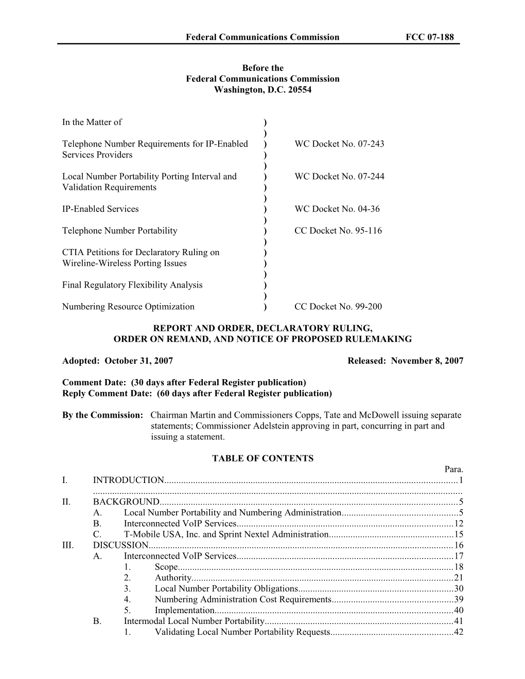 Federal Communications Commission FCC 07-188