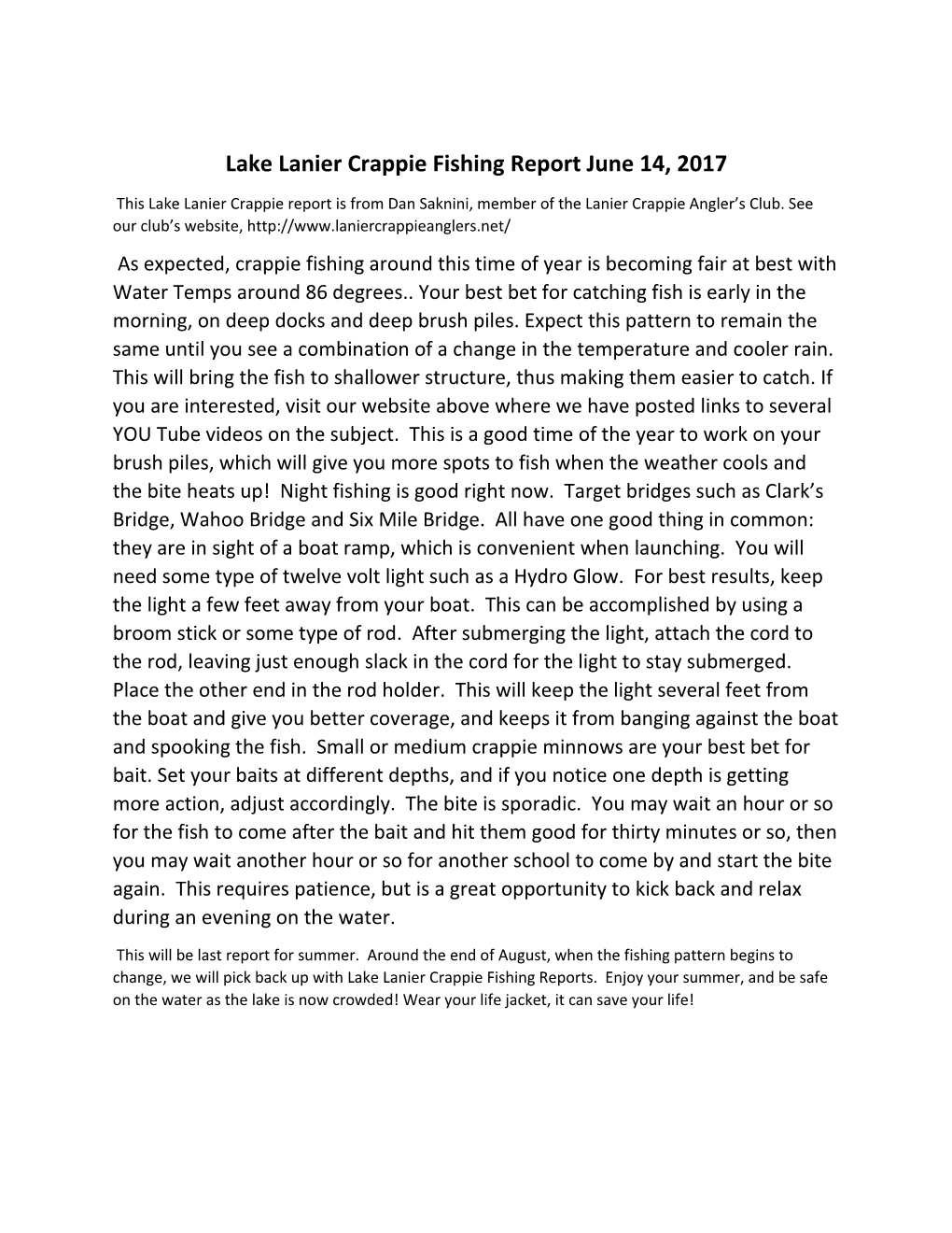Lake Lanier Crappie Fishing Report June 14, 2017