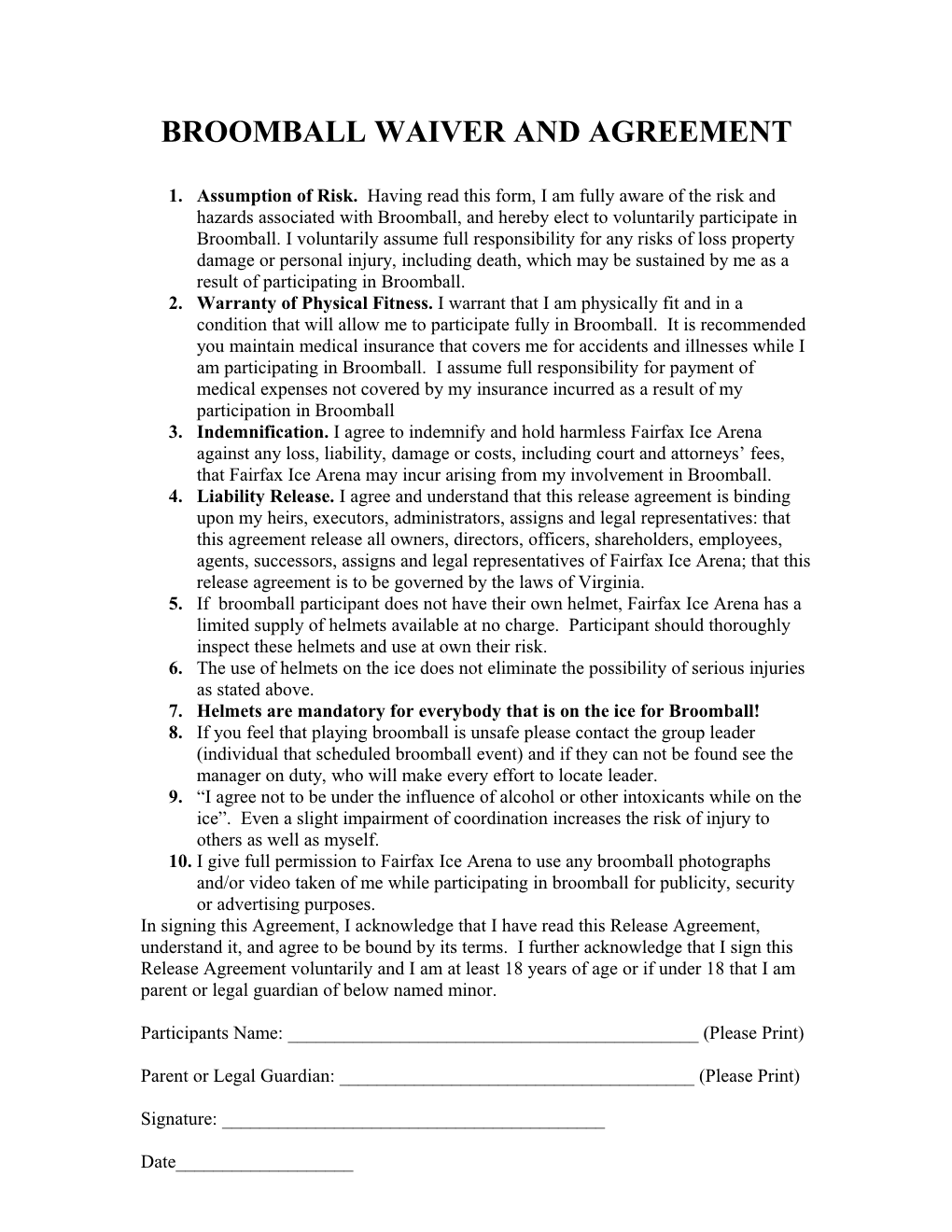 Broomball Waiver and Agreement