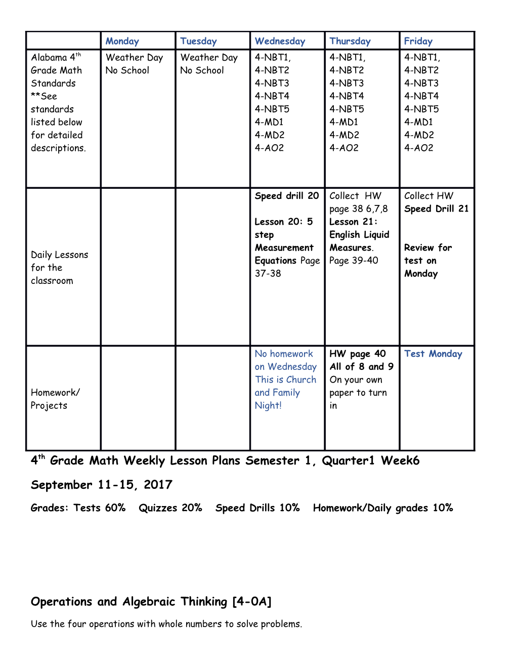 4Th Grade Math Weekly Lesson Plans Semester 1, Quarter1 Week6